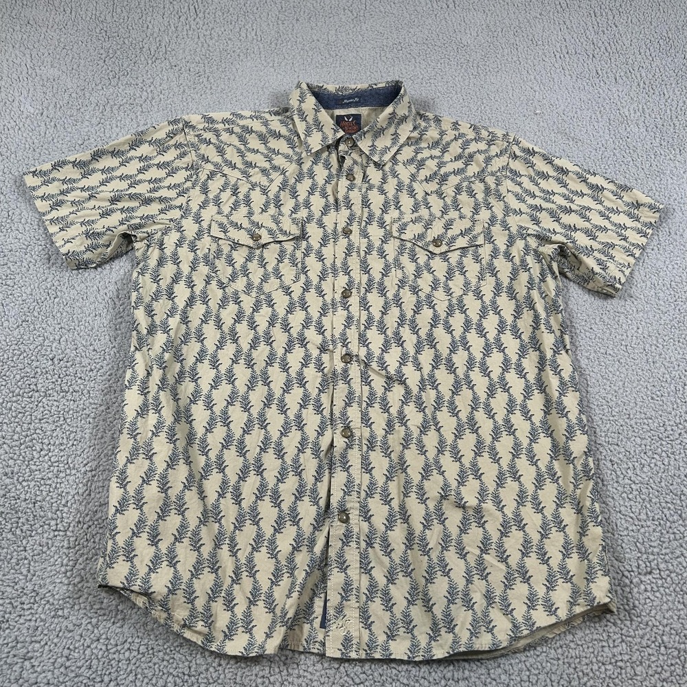 Moon Shine Shirt Mens Medium Beige Blue Floral Western Cotton Button Up Casual